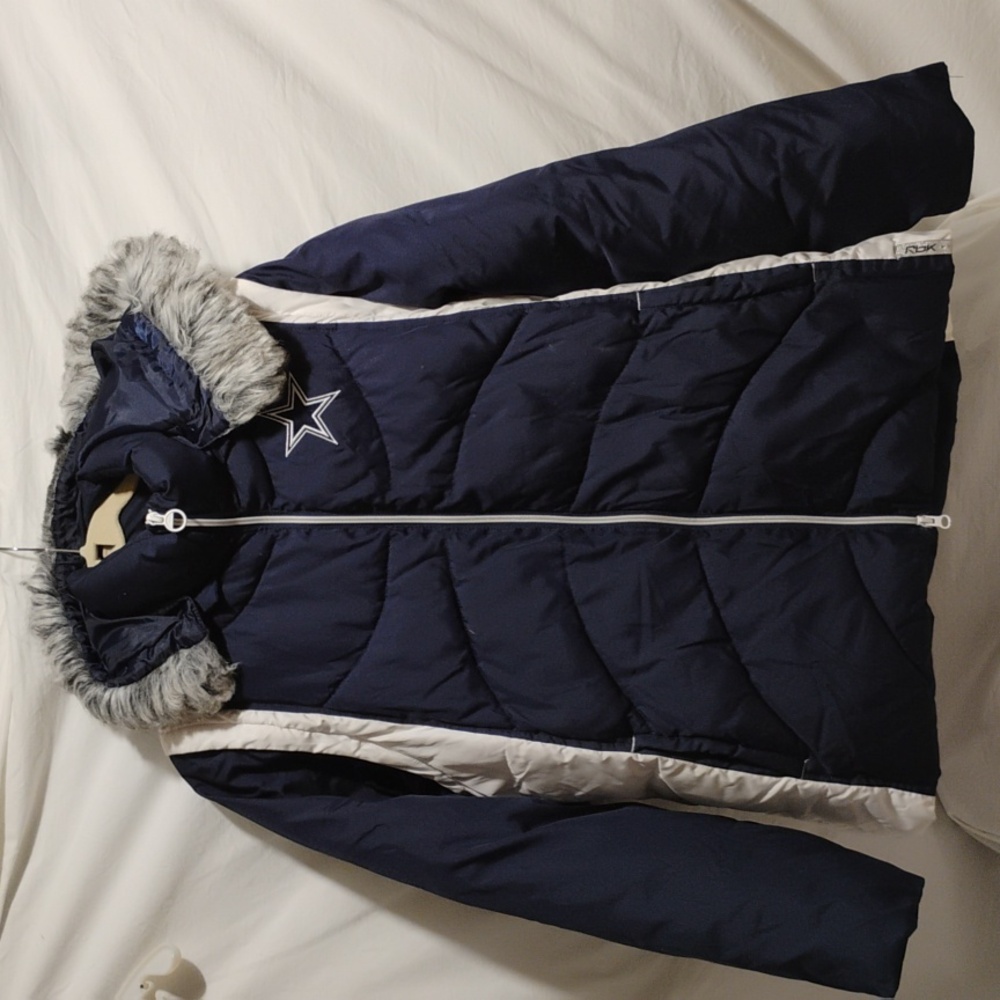 (BX46)SALE! Reebok Dallas Cowboys Zip Up Puffer Coat W Removable Hood/Sleeves